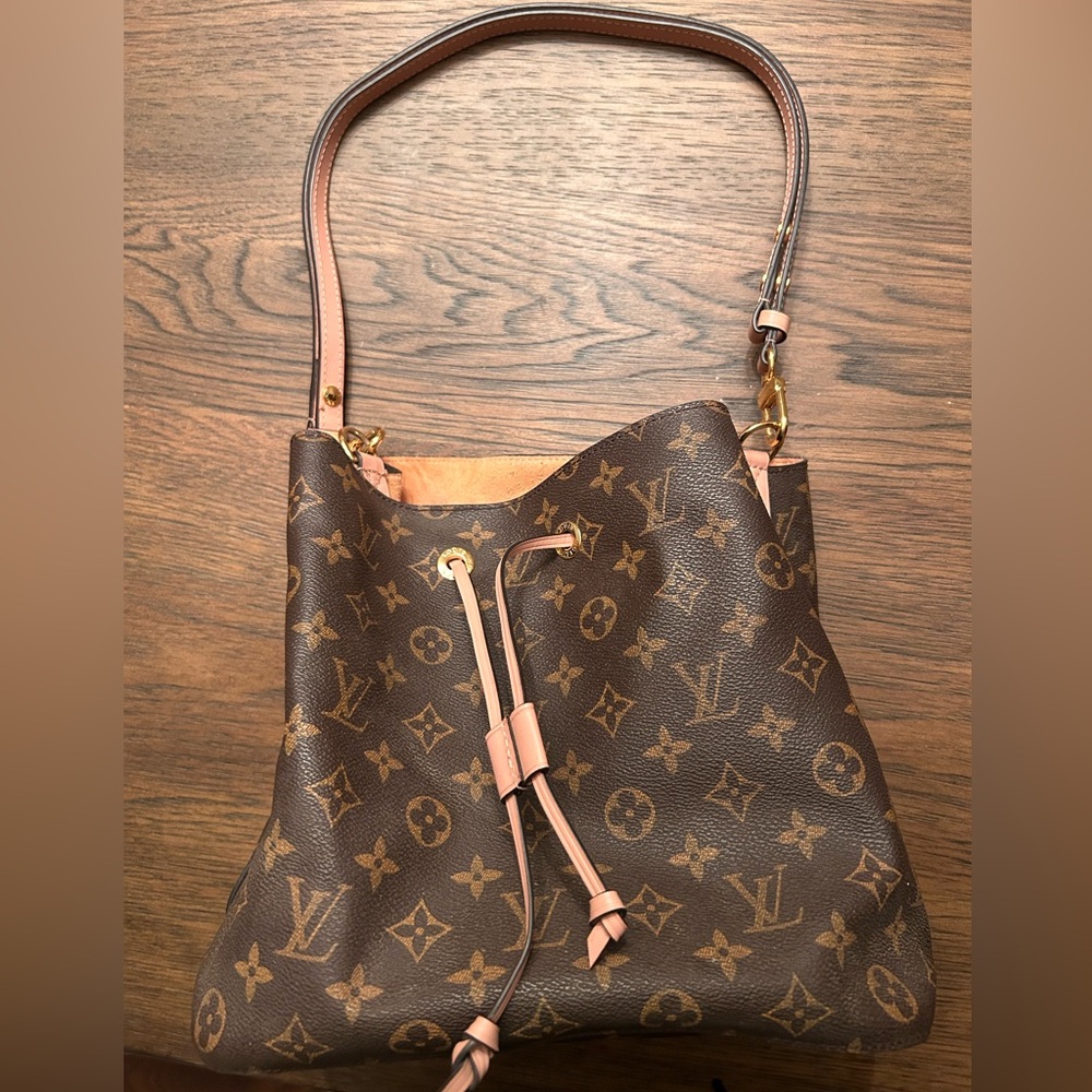 Louis Vuitton LIKE Monogram Drawstring Shoulder Bag in Brown with Pink Trim